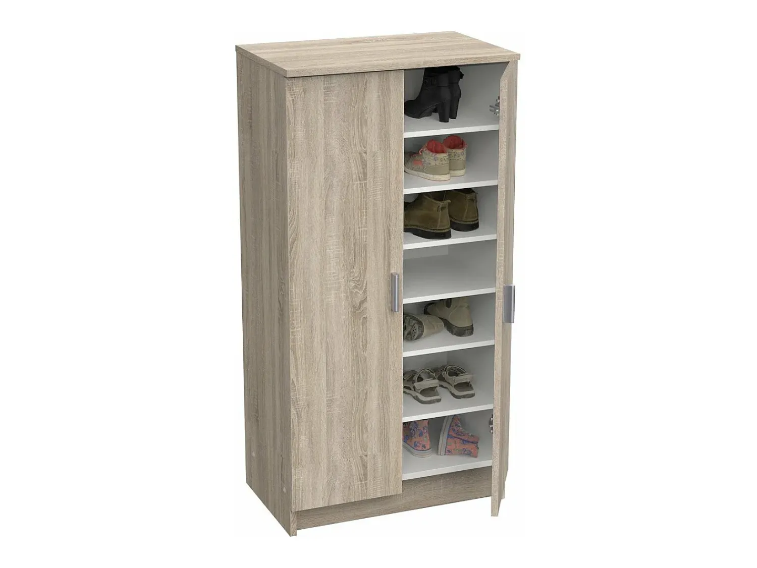 Calicosy Móvel para sapatos contemporâneo 55 cm carvalho escovado e branco pérola, 2 portas, 6 prateleiras removíveis, fabricação francesa^ Móvel De Arrumação|Sapateira