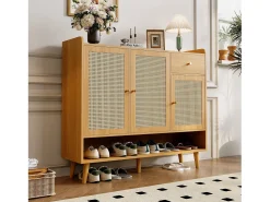 Móvel De Arrumação|Sapateira|ModernLuxe Móvel para sapatos em vime natural 120×35×106 cm - com 3 portas e 1 gaveta - painel de partículas - natural Natural claro