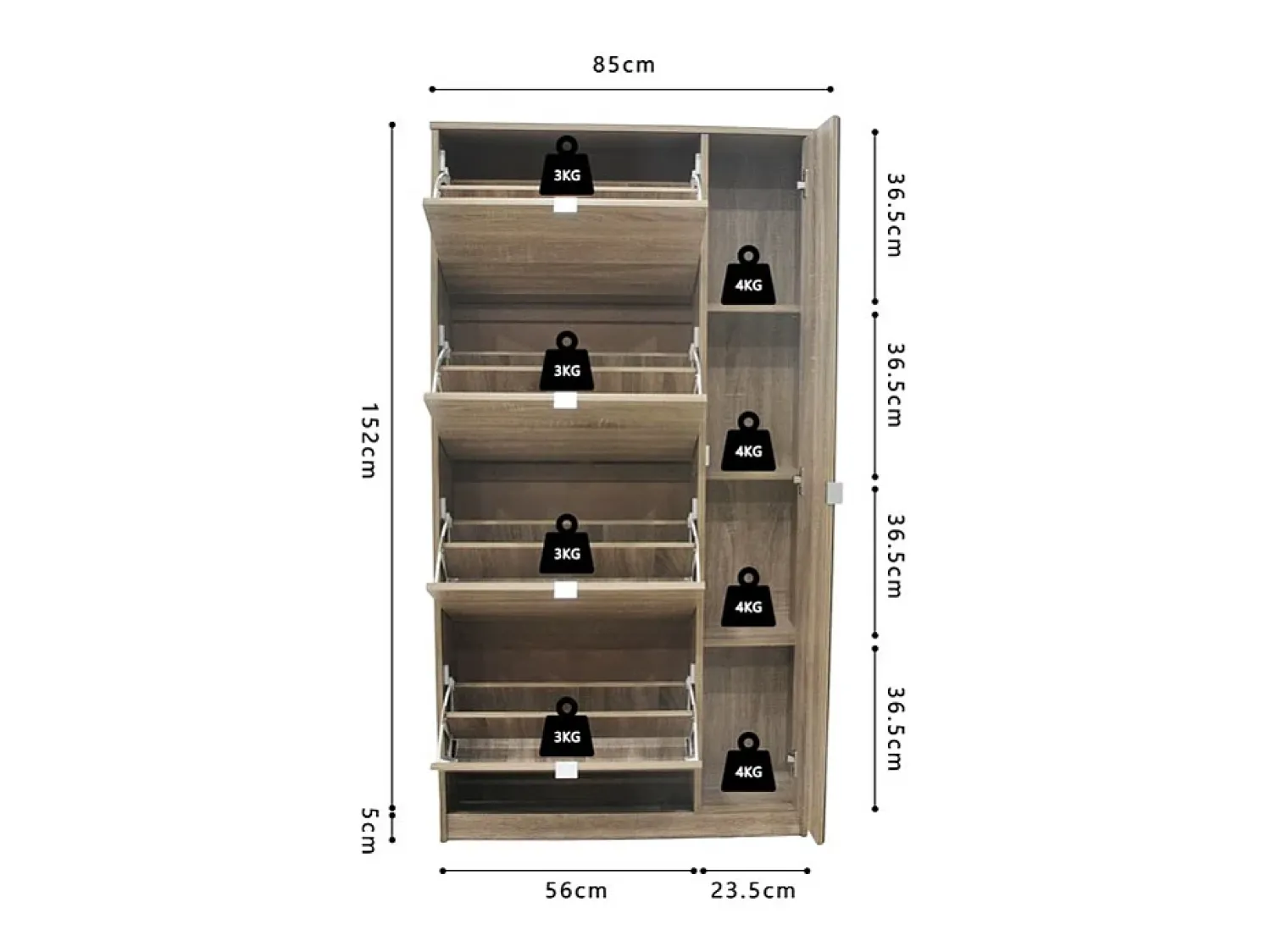Móvel De Arrumação|Sapateira*Meublorama Móvel para Sapatos MEXICO – 4 gavetas e 1 porta com espelho – Cor carvalho sonoma – Design prático e contemporâneo Castanho
