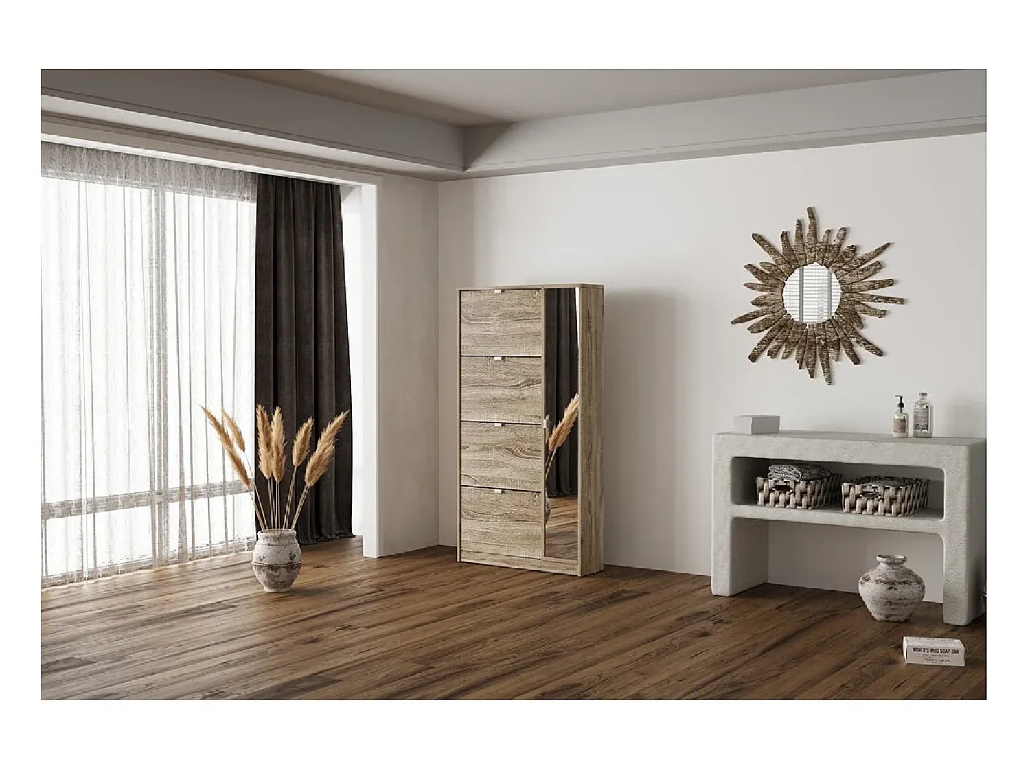 Móvel De Arrumação|Sapateira*Meublorama Móvel para Sapatos MEXICO – 4 gavetas e 1 porta com espelho – Cor carvalho sonoma – Design prático e contemporâneo Castanho