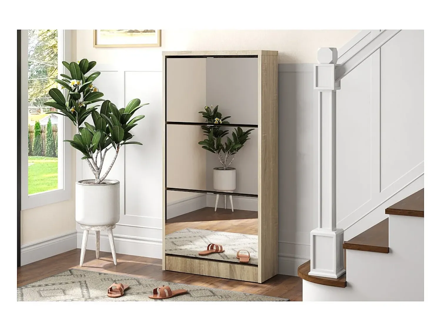 Móvel De Arrumação|Sapateira*Meublorama Móvel para Sapatos MEXICO – 3 gavetas com espelhos – Cor carvalho sonoma – Design contemporâneo e funcional Castanho