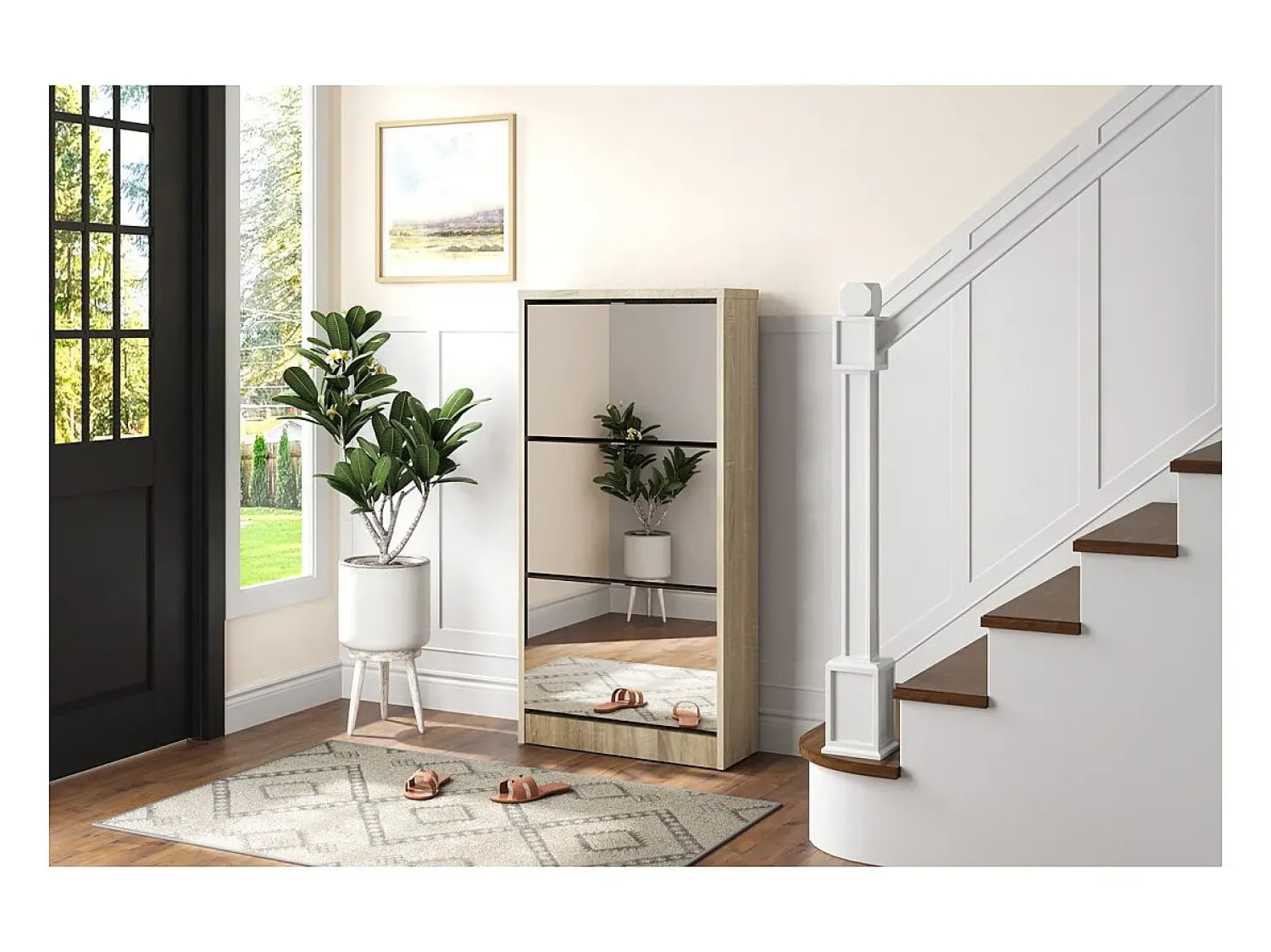 Móvel De Arrumação|Sapateira*Meublorama Móvel para Sapatos MEXICO – 3 gavetas com espelhos – Cor carvalho sonoma – Design contemporâneo e funcional Castanho