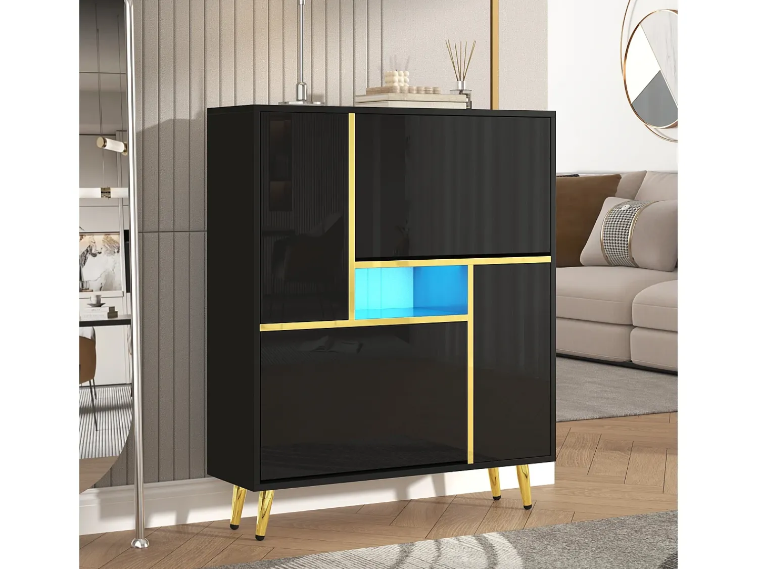 Móvel De Arrumação|Sapateira*ModernLuxe Móvel para sapatos moderno com LED - Brilhante - Elegante e Espaçoso Preto