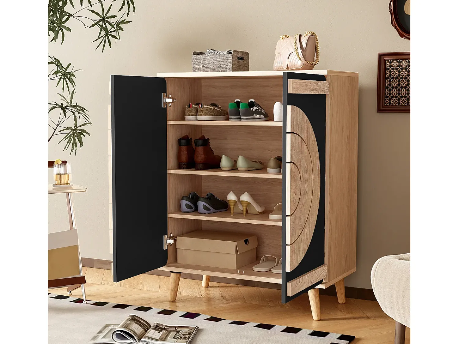 Móvel De Arrumação|Sapateira|ModernLuxe Móvel para sapatos moderno 76x37x98,5 cm - con 2 portas - Armazenamento multi-níveis - Pés de madeira - Preto e natural Preto / Natural claro