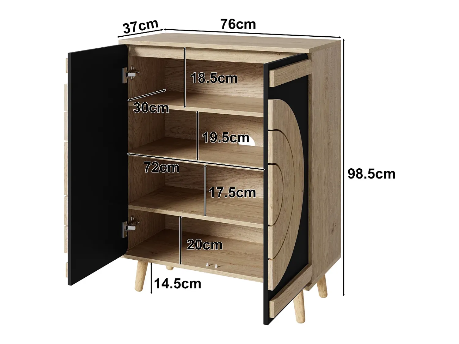 Móvel De Arrumação|Sapateira|ModernLuxe Móvel para sapatos moderno 76x37x98,5 cm - con 2 portas - Armazenamento multi-níveis - Pés de madeira - Preto e natural Preto / Natural claro