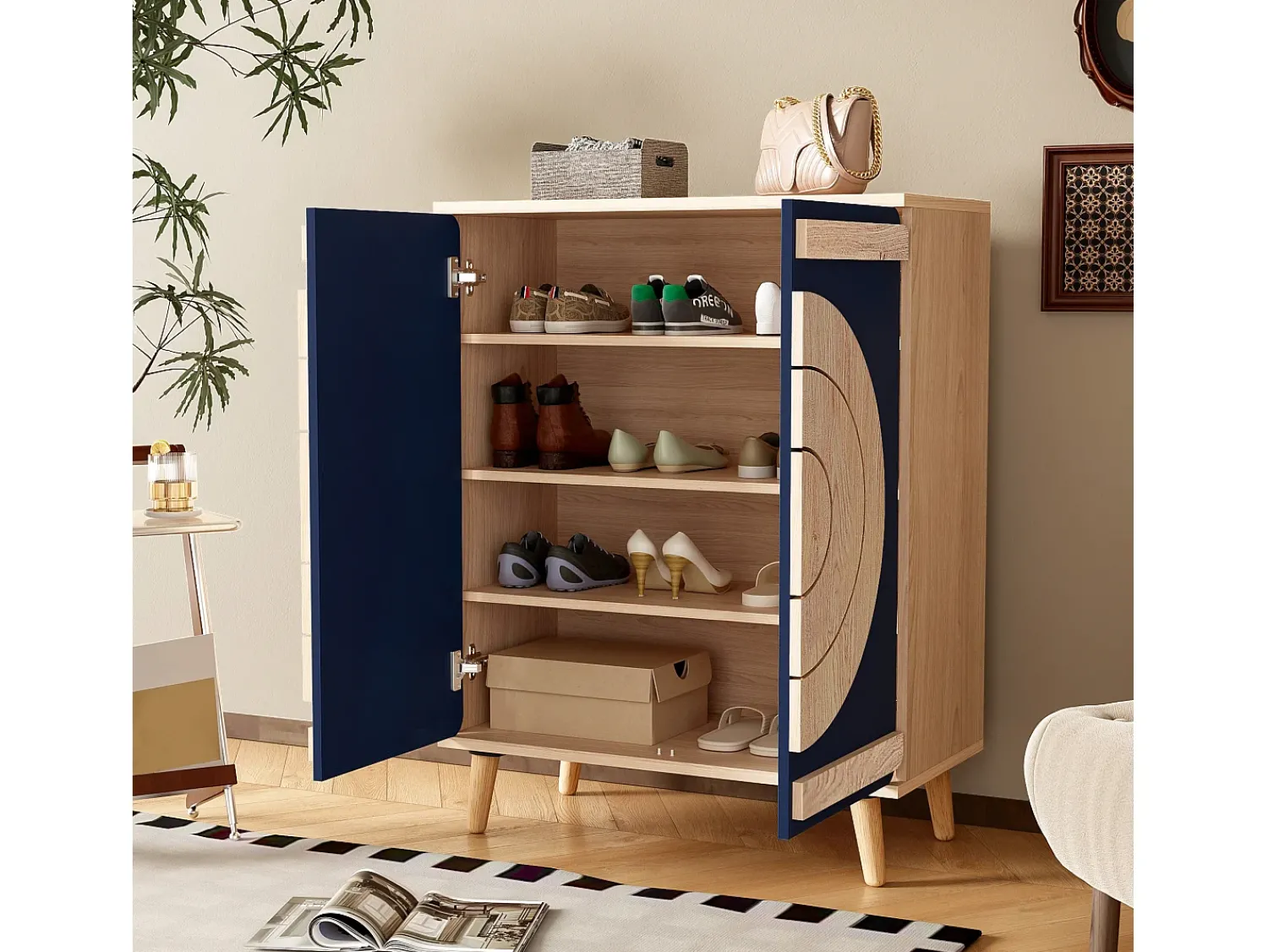 Hot ModernLuxe Móvel para sapatos moderno 76x37x98,5 cm - con 2 portas - Armazenamento multi-níveis - Pés de madeira - Azul e natural Azul / Natural claro