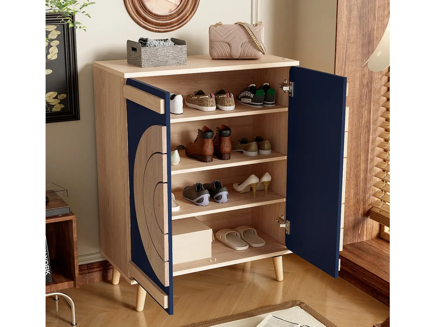 Hot ModernLuxe Móvel para sapatos moderno 76x37x98,5 cm - con 2 portas - Armazenamento multi-níveis - Pés de madeira - Azul e natural Azul / Natural claro