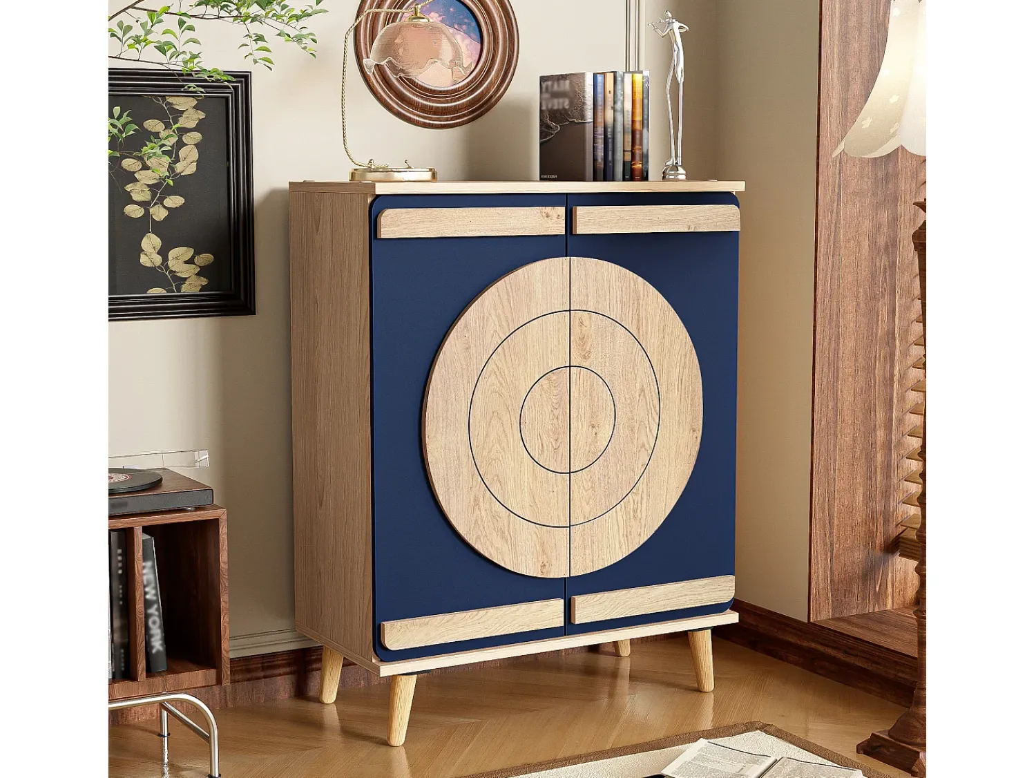 Hot ModernLuxe Móvel para sapatos moderno 76x37x98,5 cm - con 2 portas - Armazenamento multi-níveis - Pés de madeira - Azul e natural Azul / Natural claro