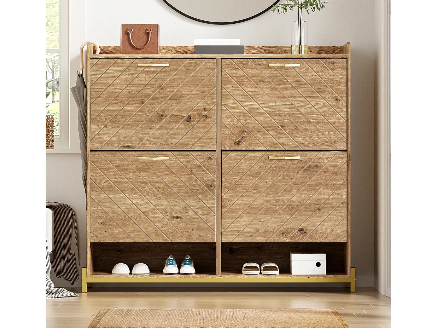 Outlet ModernLuxe Móvel para sapatos moderno 108.5×24×100 cm - com 4 portas - MDF - natural Natural claro