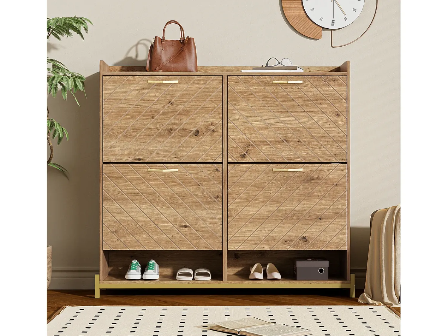 Outlet ModernLuxe Móvel para sapatos moderno 108.5×24×100 cm - com 4 portas - MDF - natural Natural claro