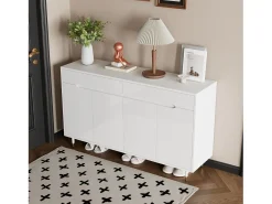 ModernLuxe Móvel para sapatos moderno 140x39x84 cm - 2 portas e 2 gavetas - Prateleiras ajustáveis - Pés dourados - Branco