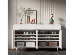 ModernLuxe Móvel para sapatos moderno 140x39x84 cm - 2 portas e 2 gavetas - Prateleiras ajustáveis - Pés dourados - Branco