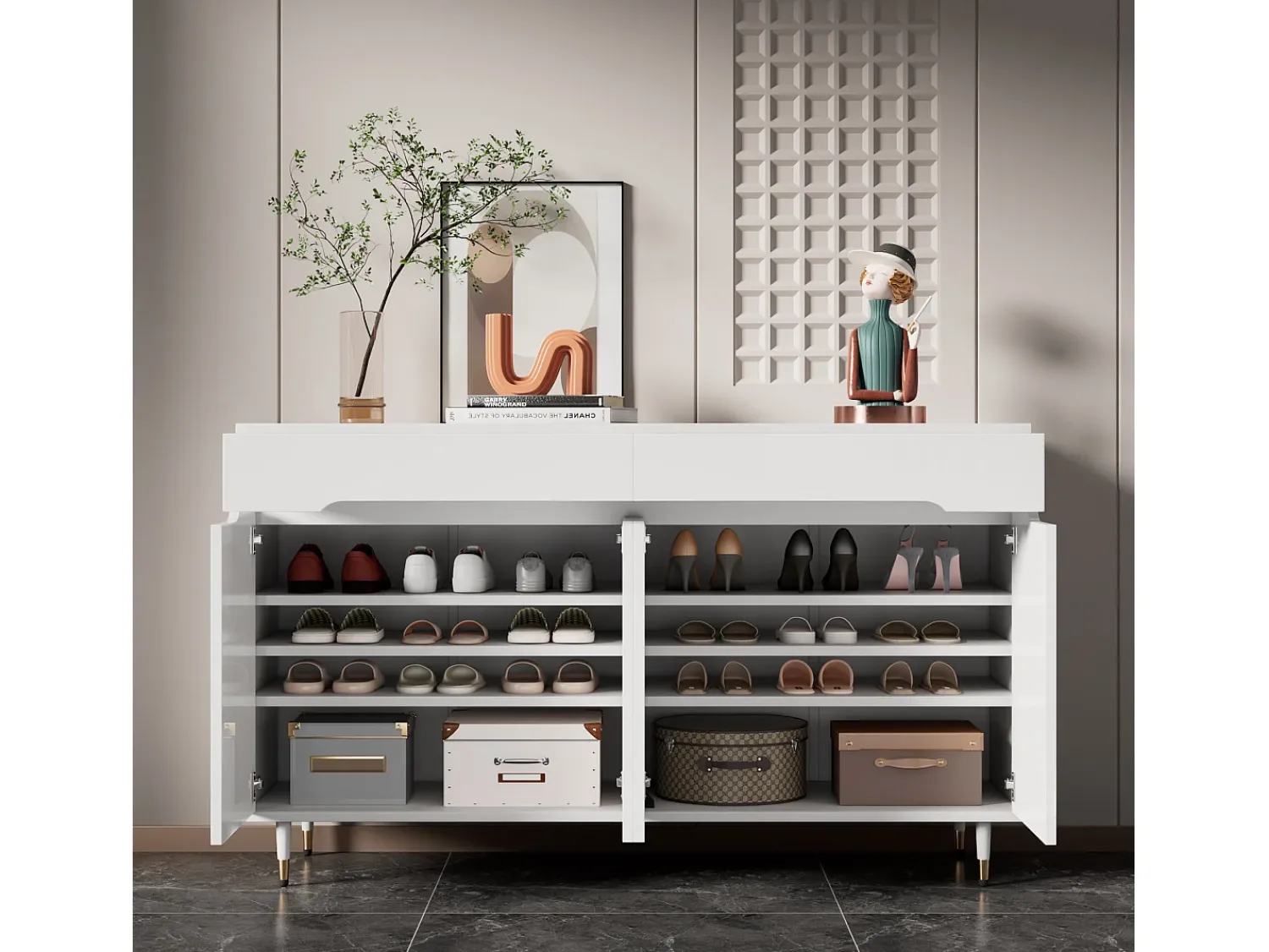 ModernLuxe Móvel para sapatos moderno 140x39x84 cm - 2 portas e 2 gavetas - Prateleiras ajustáveis - Pés dourados - Branco