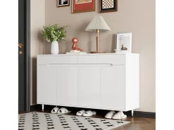 ModernLuxe Móvel para sapatos moderno 140x39x84 cm - 2 portas e 2 gavetas - Prateleiras ajustáveis - Pés dourados - Branco