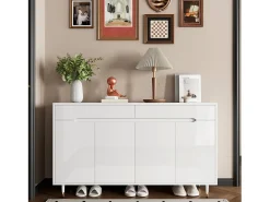 ModernLuxe Móvel para sapatos moderno 140x39x84 cm - 2 portas e 2 gavetas - Prateleiras ajustáveis - Pés dourados - Branco