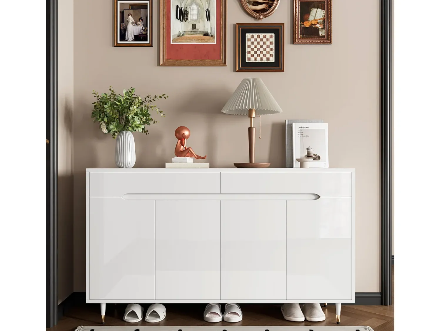 ModernLuxe Móvel para sapatos moderno 140x39x84 cm - 2 portas e 2 gavetas - Prateleiras ajustáveis - Pés dourados - Branco
