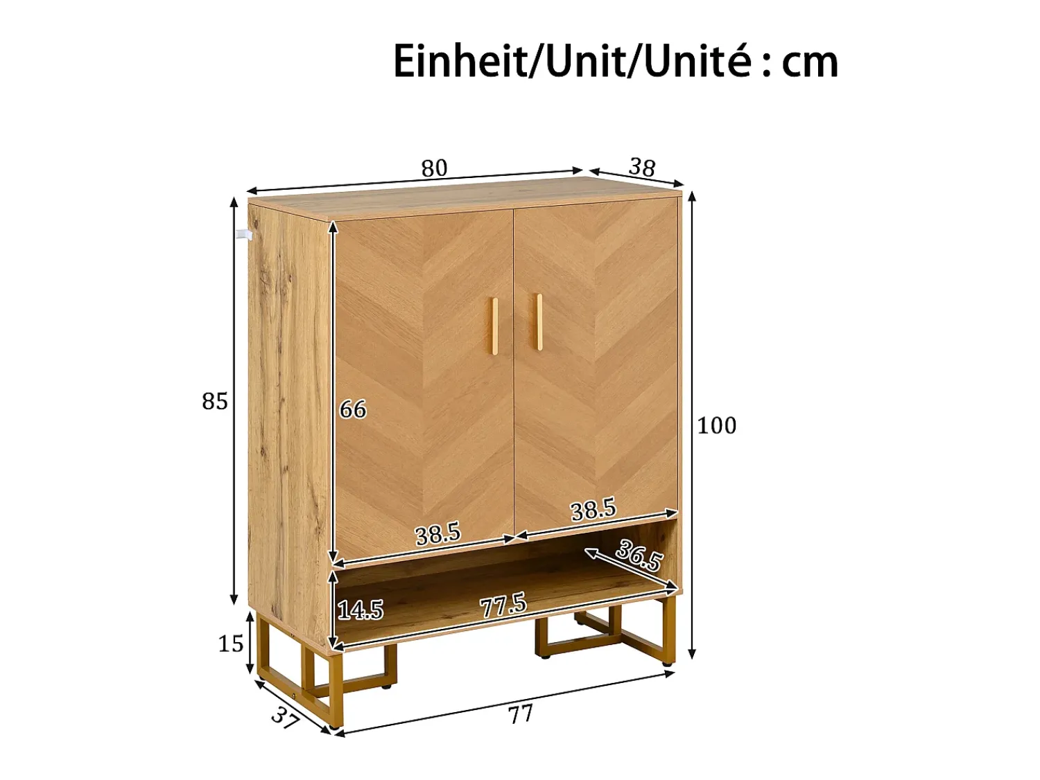 Online ModernLuxe Móvel para sapatos moderno 80x38x100 cm - con 2 portas - Acabamento madeira - Estrutura de ferro dourado - MDF - Natural Natural claro