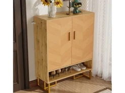 Online ModernLuxe Móvel para sapatos moderno 80x38x100 cm - con 2 portas - Acabamento madeira - Estrutura de ferro dourado - MDF - Natural Natural claro