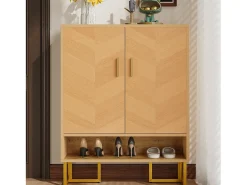 Online ModernLuxe Móvel para sapatos moderno 80x38x100 cm - con 2 portas - Acabamento madeira - Estrutura de ferro dourado - MDF - Natural Natural claro
