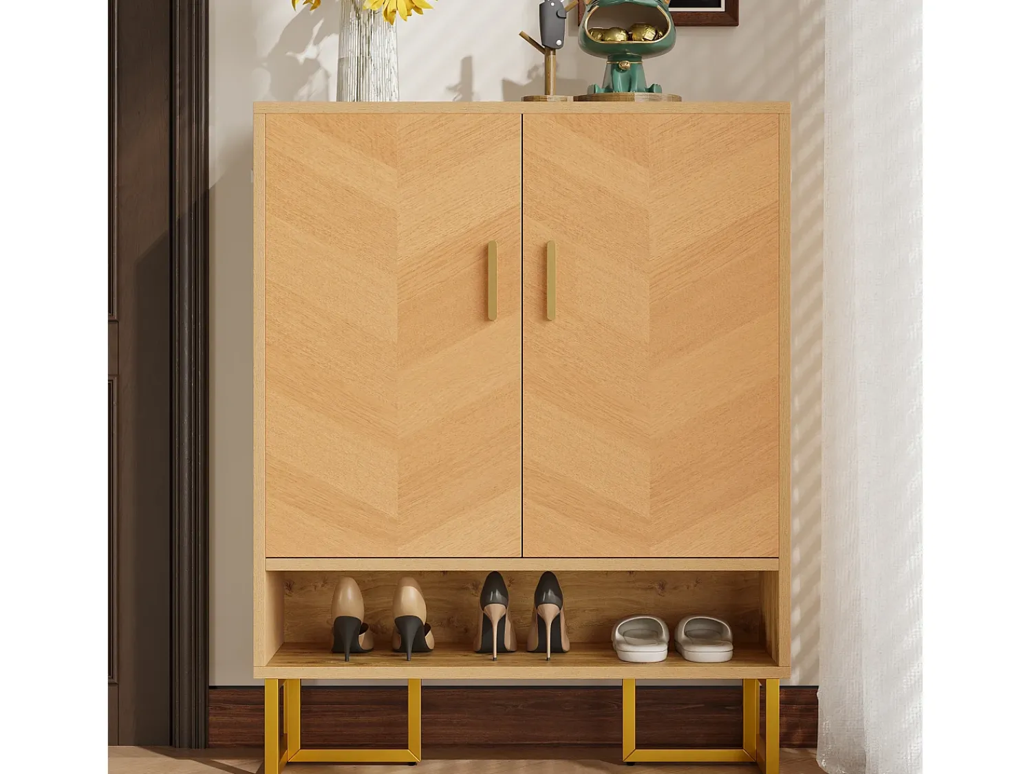 Online ModernLuxe Móvel para sapatos moderno 80x38x100 cm - con 2 portas - Acabamento madeira - Estrutura de ferro dourado - MDF - Natural Natural claro