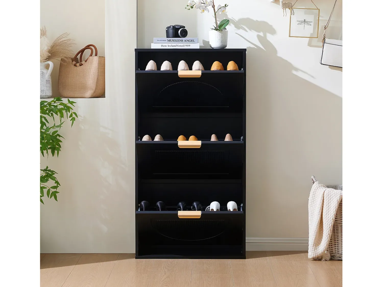 Móvel De Arrumação|Sapateira*ModernLuxe Móvel para sapatos moderno 60x24x114 cm - com 3 portas basculantes - Preto
