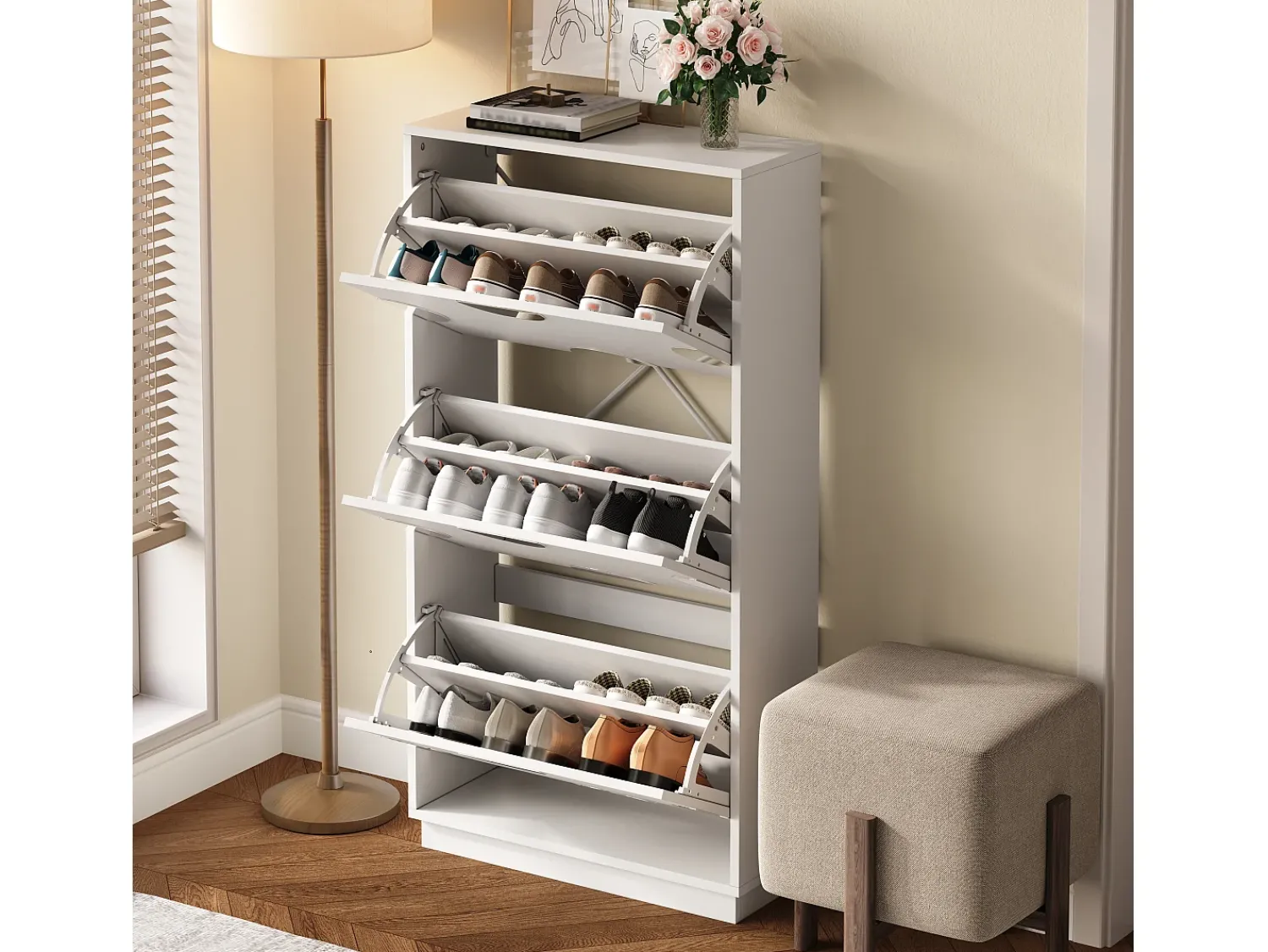ModernLuxe Móvel para sapatos moderno - três portas - espelho redondo - grande espaço de armazenamento - MDF -^ Móvel De Arrumação|Sapateira