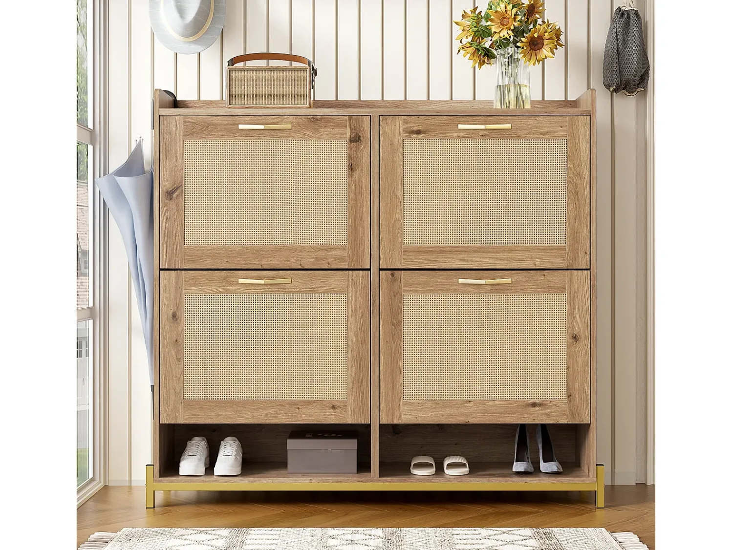 ModernLuxe Móvel para sapatos moderno - com portas de rattan - 4 portas - estrutura metálica - natural^ Móvel De Arrumação|Sapateira