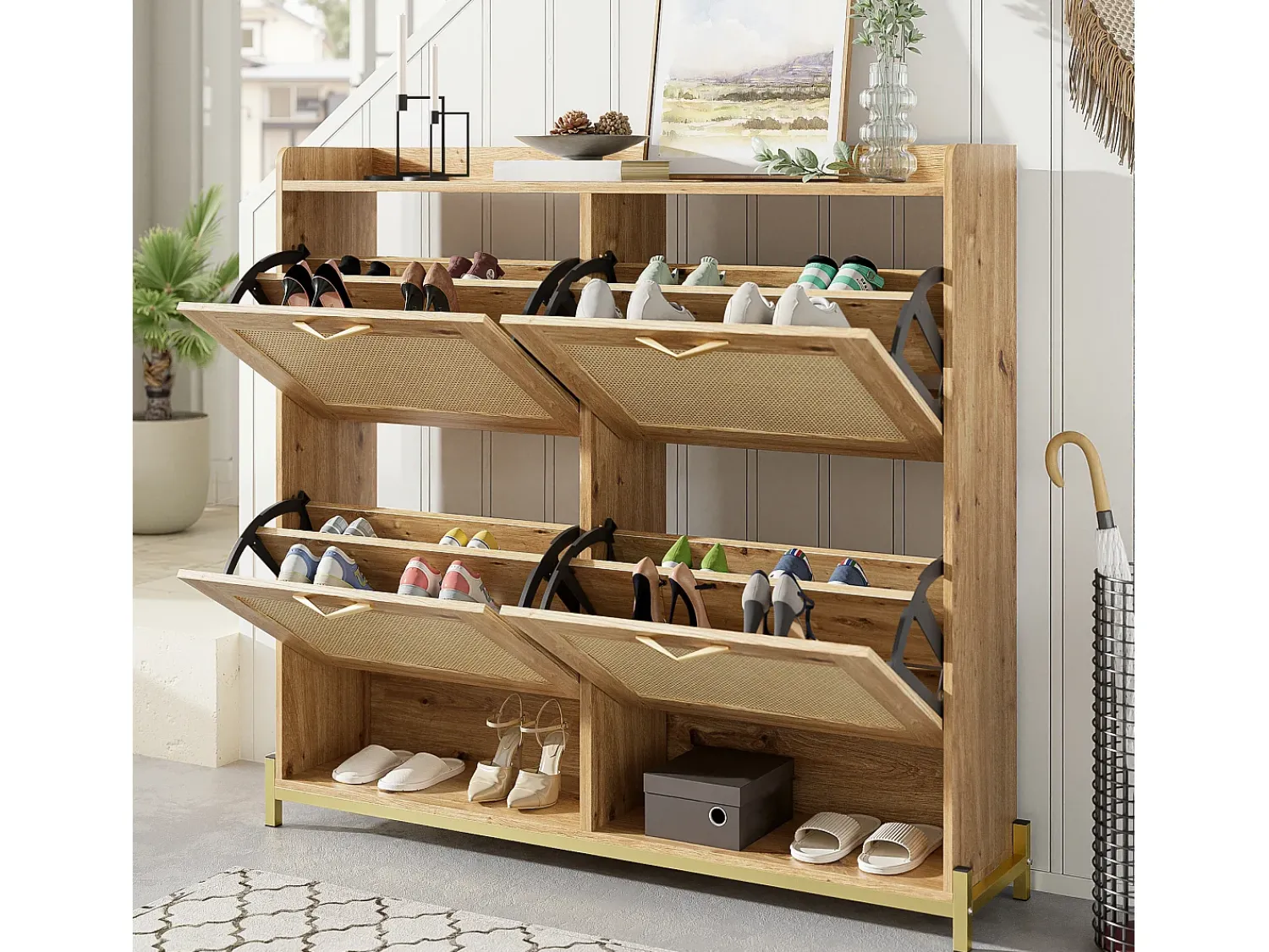 ModernLuxe Móvel para sapatos moderno - com portas de rattan - 4 portas - estrutura metálica - natural^ Móvel De Arrumação|Sapateira