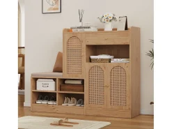 ModernLuxe Móvel para sapatos multifuncional 142x35x110cm - con um assento acolchoado - con 3 portas de rattan e 1 gaveta - Natural^ Móvel De Arrumação|Sapateira