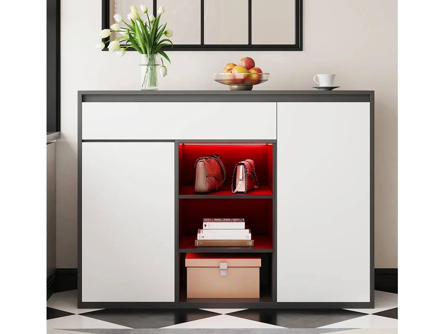ModernLuxe Móvel para sapatos 105x39.5x86 cm - 2 portas e 1 gaveta - Com iluminação LED - Com prateleiras ajustáveis - Branco + Preto Preto / Branco