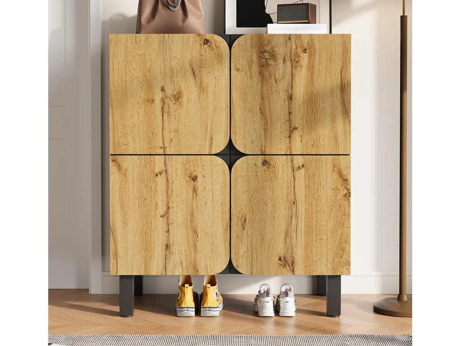 Móvel De Arrumação|Sapateira*ModernLuxe Móvel para sapatos 80x38,5x95 cm - con 4 portas - Prateleiras ajustáveis - Pés de ferro preto - Natural e preto Natural claro