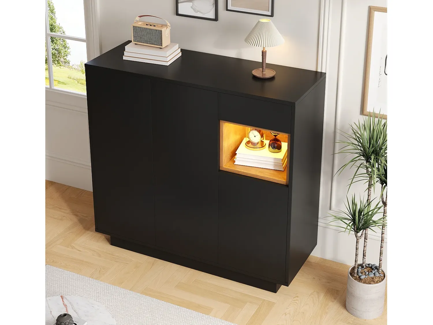 Móvel De Arrumação|Sapateira*ModernLuxe Móvel para sapatos 105x39.5x100.5 cm - 1 gaveta e 3 portas - com iluminação LED - com prateleiras ajustáveis - e natural Preto