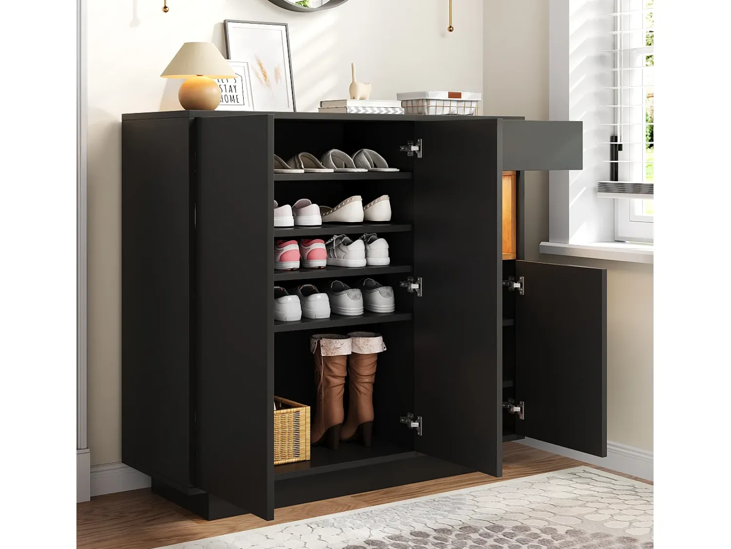 Móvel De Arrumação|Sapateira*ModernLuxe Móvel para sapatos 105x39.5x100.5 cm - 1 gaveta e 3 portas - com iluminação LED - com prateleiras ajustáveis - e natural Preto