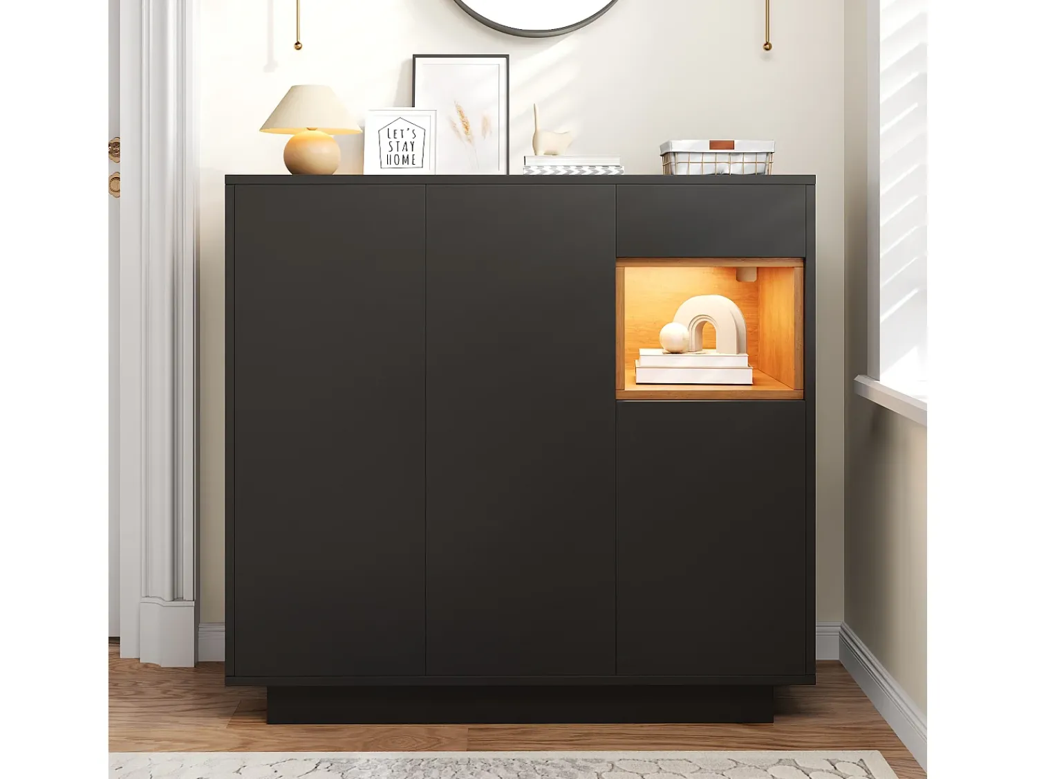 Móvel De Arrumação|Sapateira*ModernLuxe Móvel para sapatos 105x39.5x100.5 cm - 1 gaveta e 3 portas - com iluminação LED - com prateleiras ajustáveis - e natural Preto
