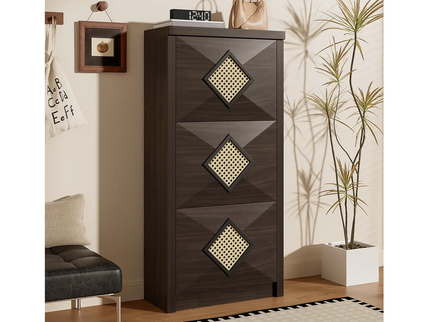 ModernLuxe Móvel para sapatos 54x25x115 cm - 3 portas basculantes - Decoração de rattan - Estilo rústico - Painéis de partículas - Marrom^ Móvel De Arrumação|Sapateira