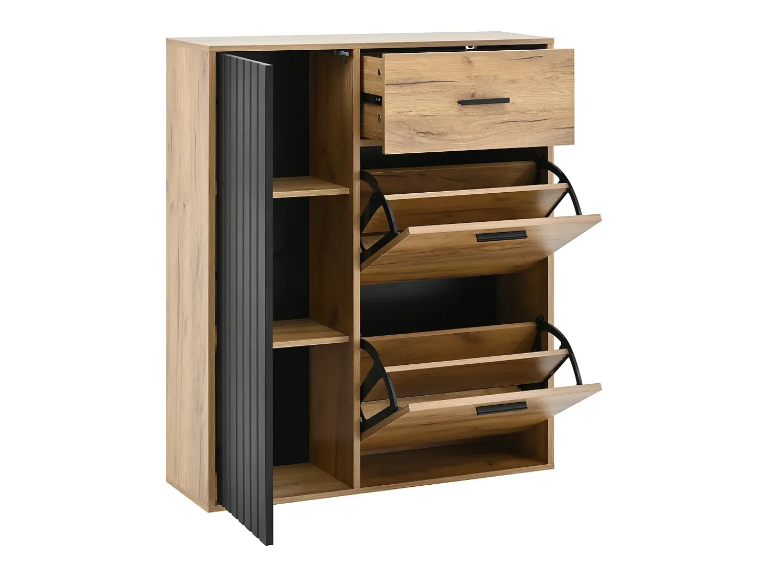 ModernLuxe Móvel para sapatos 80x24x95.5 cm - com 2 portas basculantes - com 1 gaveta e 1 porta - Natural + Preto^ Móvel De Arrumação|Sapateira