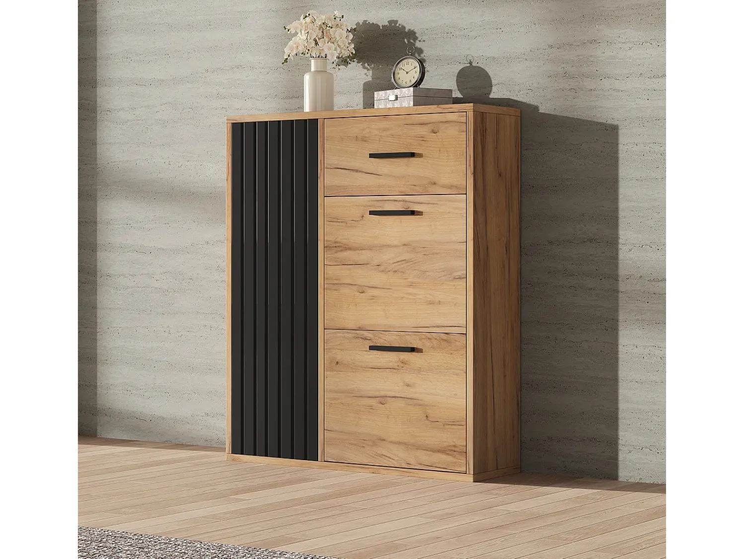 ModernLuxe Móvel para sapatos 80x24x95.5 cm - com 2 portas basculantes - com 1 gaveta e 1 porta - Natural + Preto^ Móvel De Arrumação|Sapateira