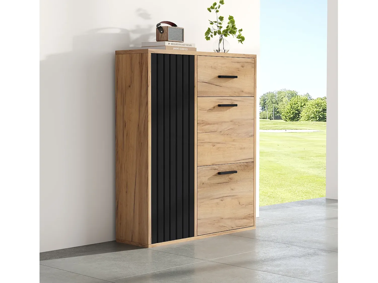 ModernLuxe Móvel para sapatos 80x24x95.5 cm - com 2 portas basculantes - com 1 gaveta e 1 porta - Natural + Preto^ Móvel De Arrumação|Sapateira
