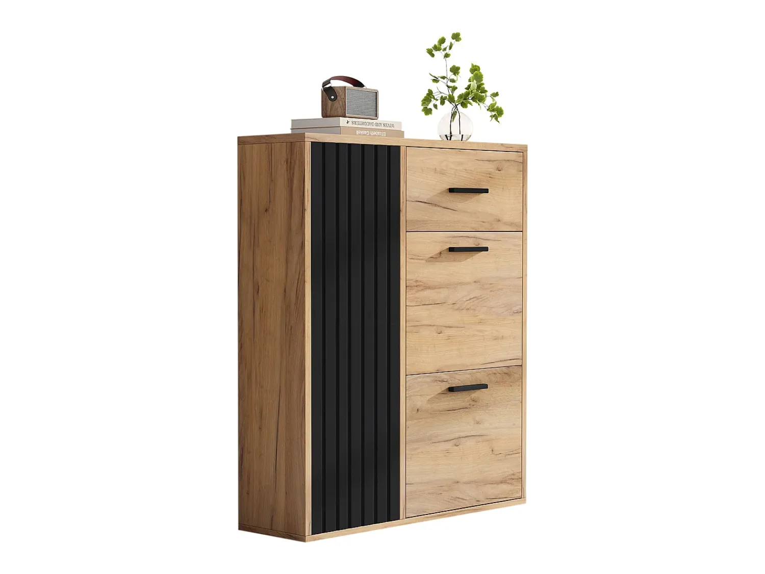 ModernLuxe Móvel para sapatos 80x24x95.5 cm - com 2 portas basculantes - com 1 gaveta e 1 porta - Natural + Preto^ Móvel De Arrumação|Sapateira