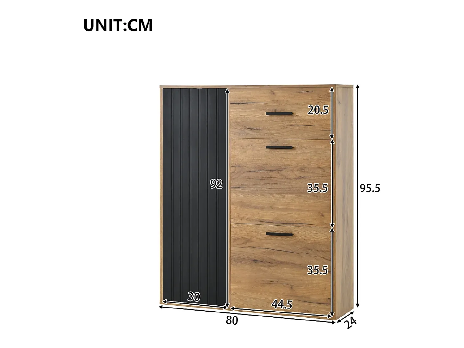 ModernLuxe Móvel para sapatos 80x24x95.5 cm - com 2 portas basculantes - com 1 gaveta e 1 porta - Natural + Preto^ Móvel De Arrumação|Sapateira