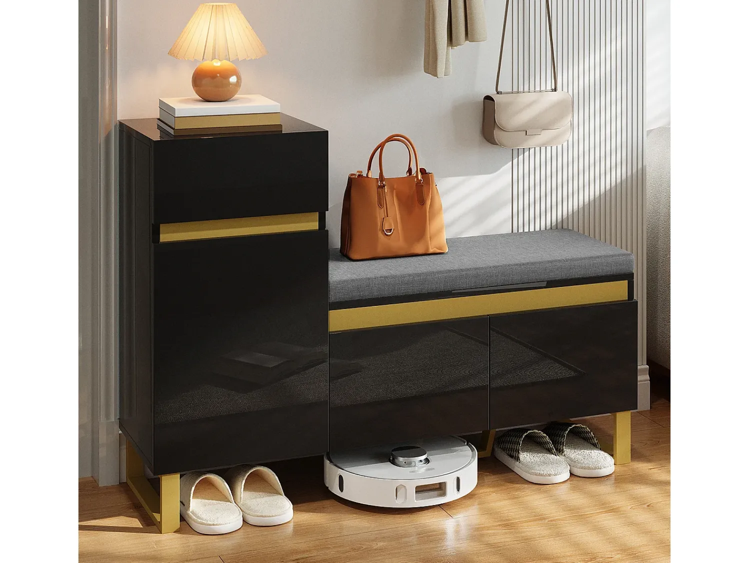 Móvel De Arrumação|Sapateira*ModernLuxe Móvel para sapatos 120x35x85 cm - 1 gaveta e 3 portas - com banco de sapatos acolchoado - Preto