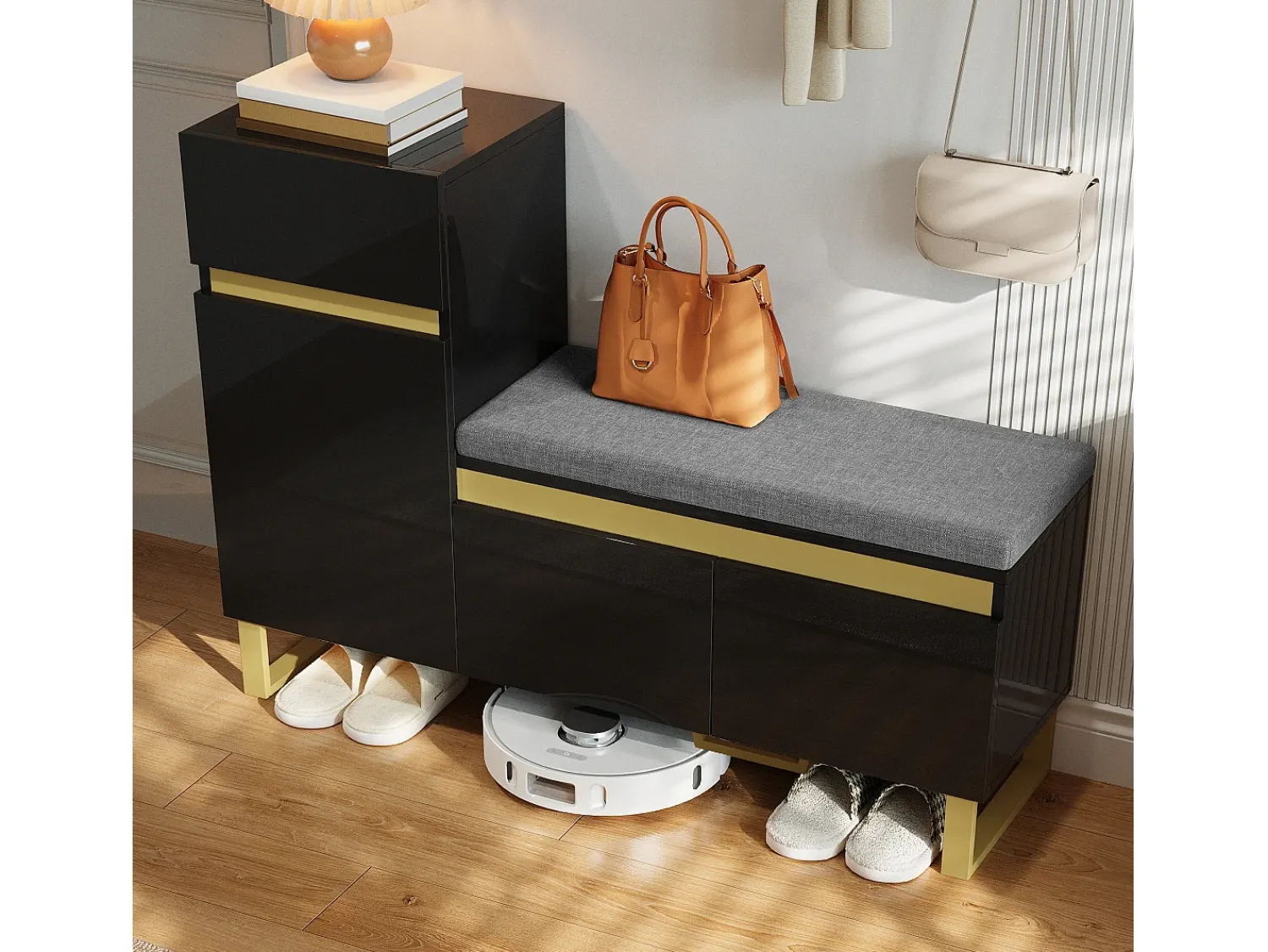 Móvel De Arrumação|Sapateira*ModernLuxe Móvel para sapatos 120x35x85 cm - 1 gaveta e 3 portas - com banco de sapatos acolchoado - Preto
