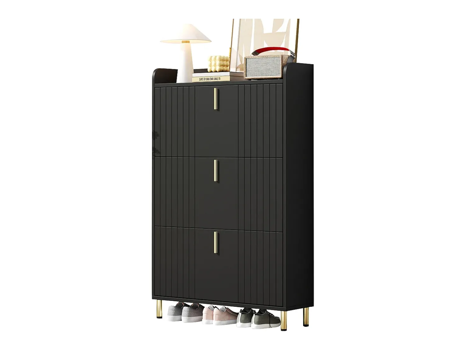 Móvel De Arrumação|Sapateira*ModernLuxe Móvel para sapatos 80x23,5x123,5 cm - 3 portas - 6 compartimentos - Altura ajustável - MDF - Preto