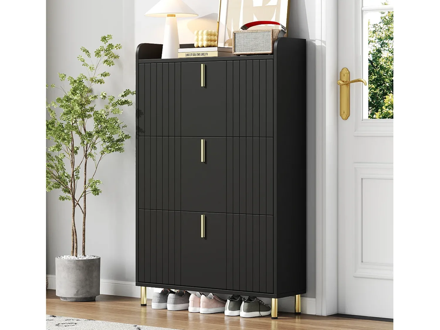 Móvel De Arrumação|Sapateira*ModernLuxe Móvel para sapatos 80x23,5x123,5 cm - 3 portas - 6 compartimentos - Altura ajustável - MDF - Preto
