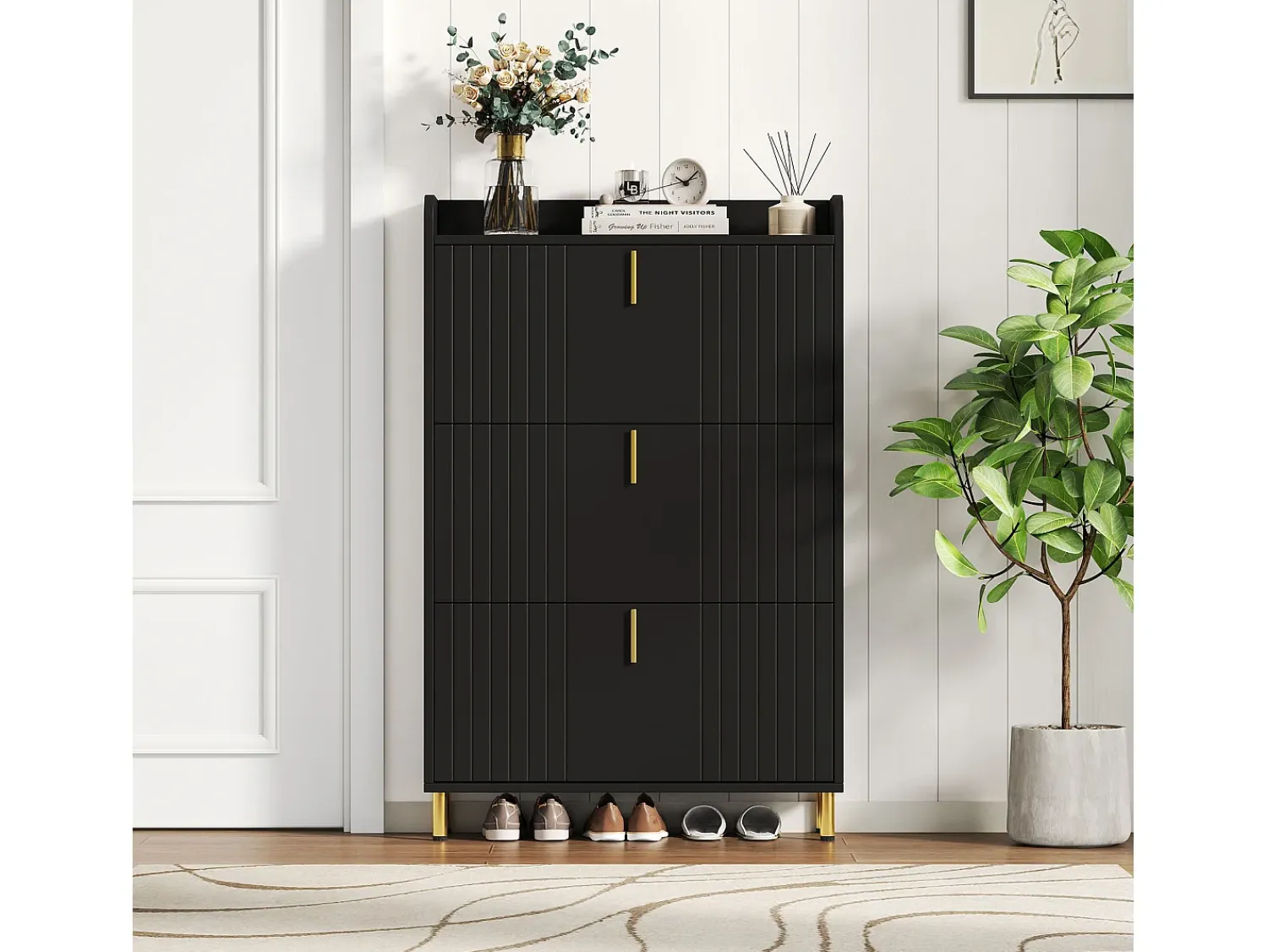 Móvel De Arrumação|Sapateira*ModernLuxe Móvel para sapatos 80x23,5x123,5 cm - 3 portas - 6 compartimentos - Altura ajustável - MDF - Preto