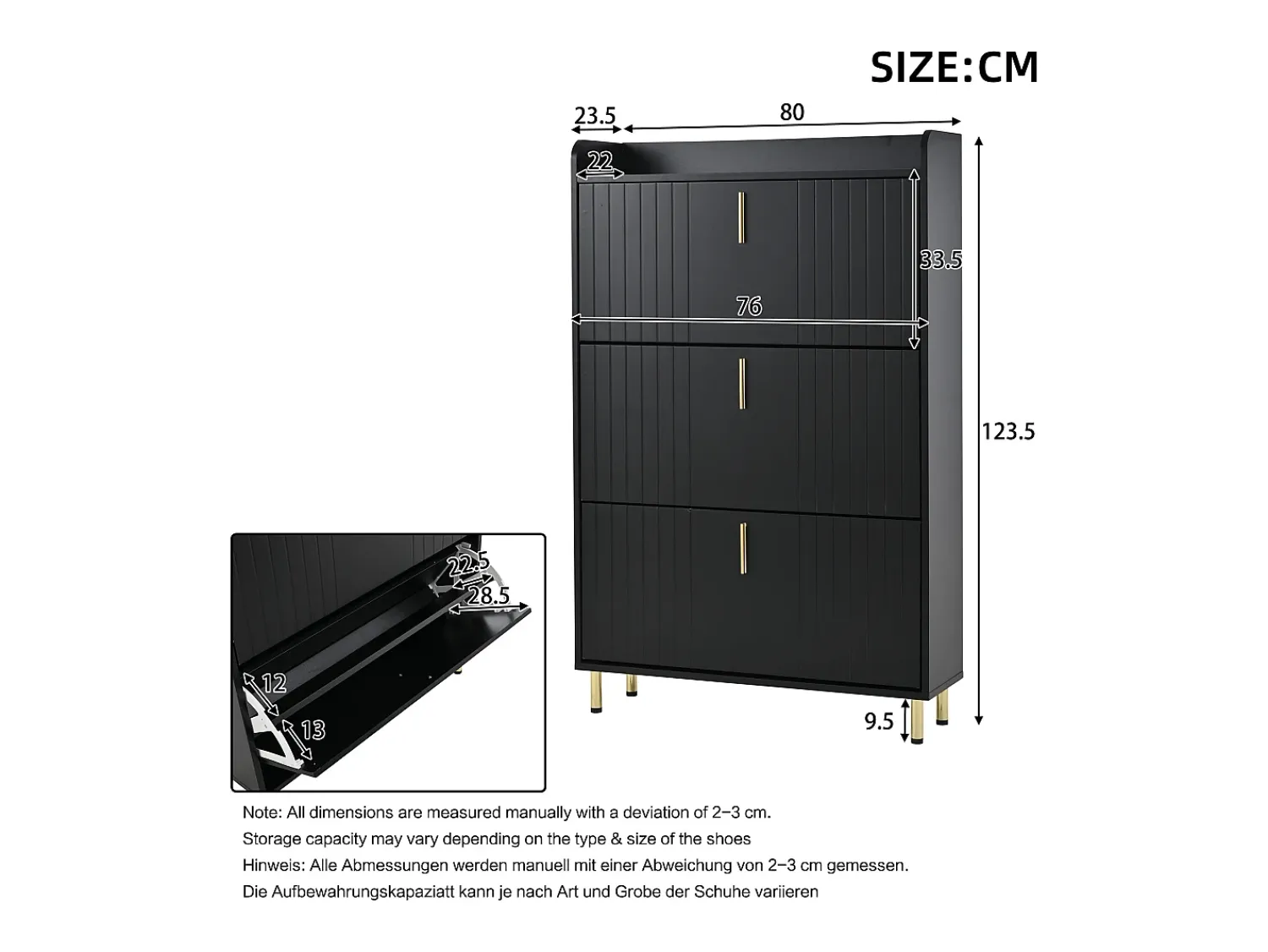 Móvel De Arrumação|Sapateira*ModernLuxe Móvel para sapatos 80x23,5x123,5 cm - 3 portas - 6 compartimentos - Altura ajustável - MDF - Preto