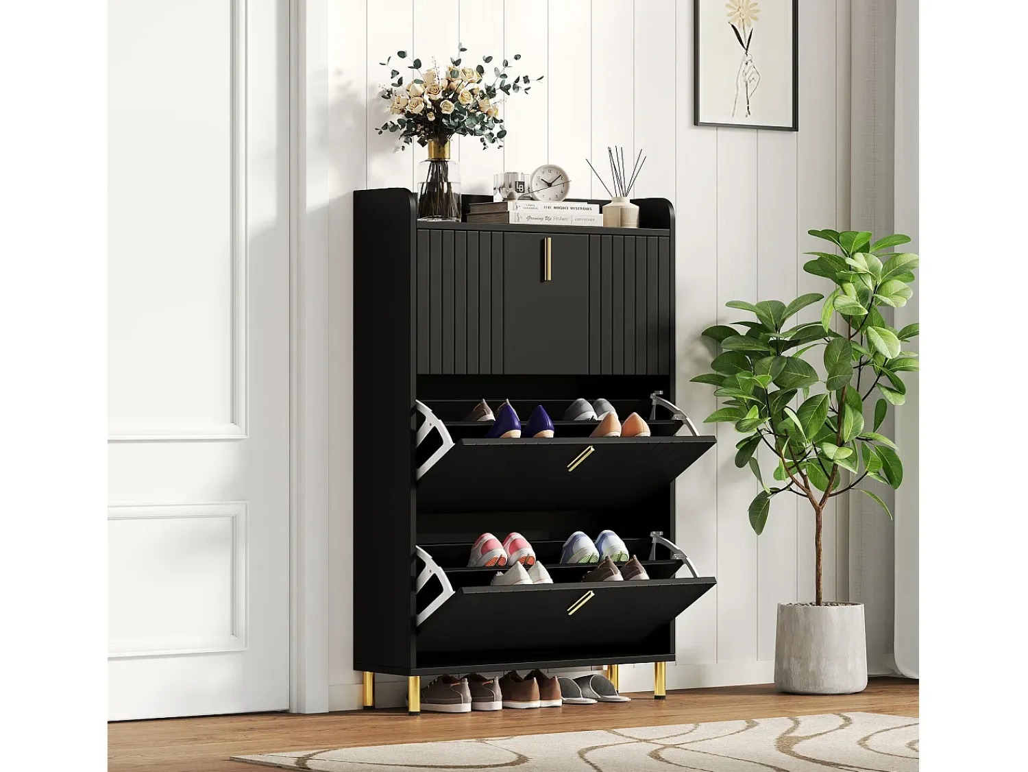 Móvel De Arrumação|Sapateira*ModernLuxe Móvel para sapatos 80x23,5x123,5 cm - 3 portas - 6 compartimentos - Altura ajustável - MDF - Preto