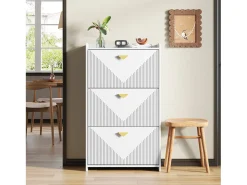 Online ModernLuxe Móvel para sapatos 70x30x120 cm - 3 portas basculantes - 6 compartimentos de armazenamento - MDF - Branco