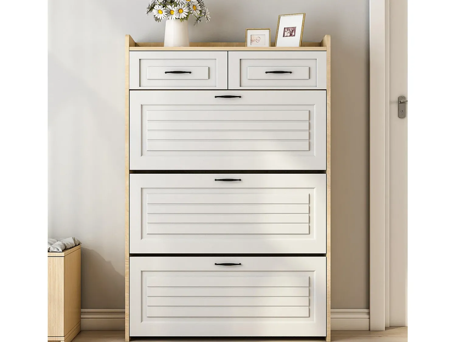 Móvel De Arrumação|Sapateira*ModernLuxe Móvel para sapatos 80x23.5x125 cm - com três grandes frontais basculantes - com 2 gavetas - branco + natural Natural claro / Branco