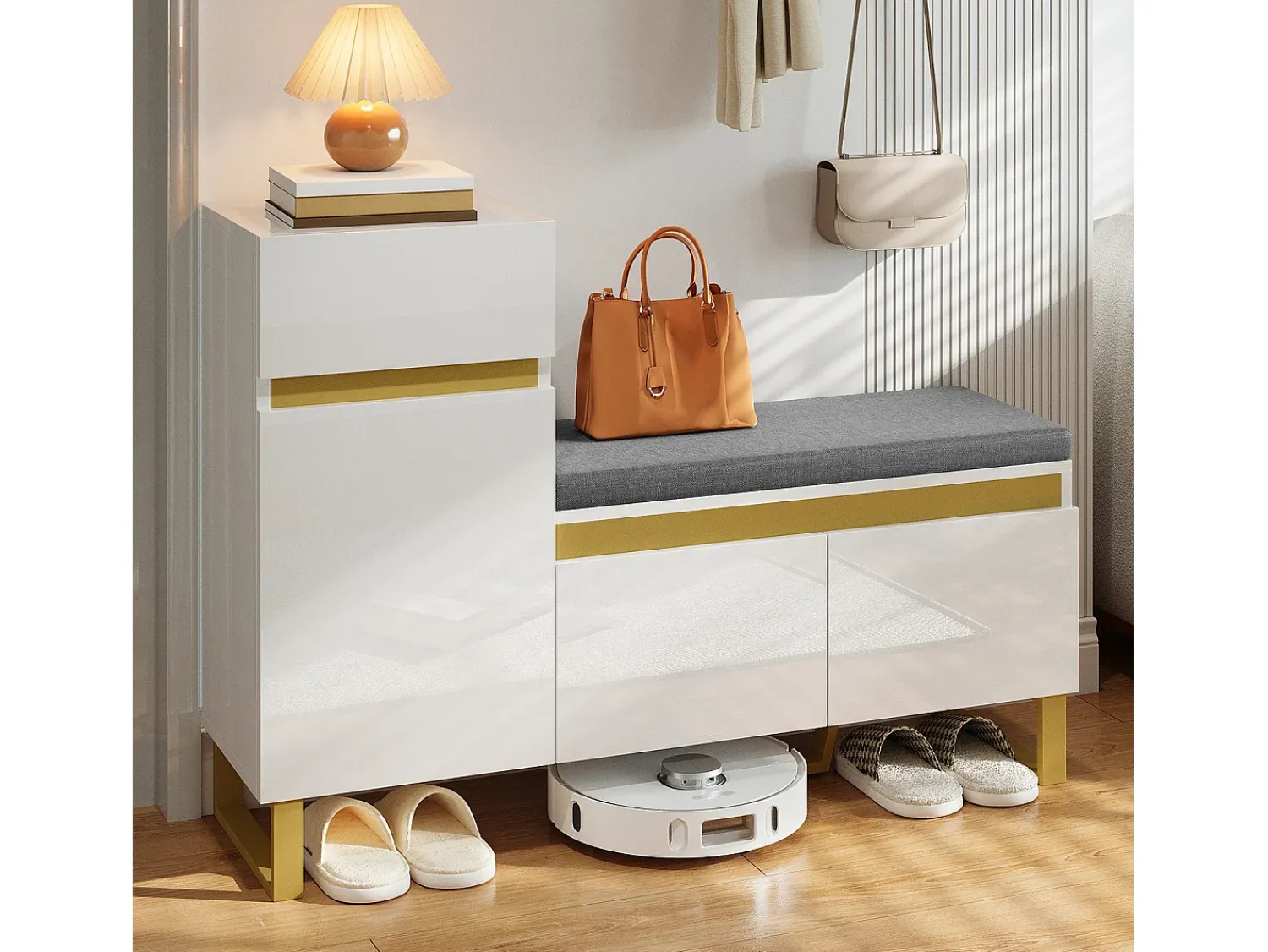 Móvel De Arrumação|Sapateira*ModernLuxe Móvel para sapatos 120x35x85 cm - 1 gaveta e 3 portas - com banco de sapatos acolchoado - Branco